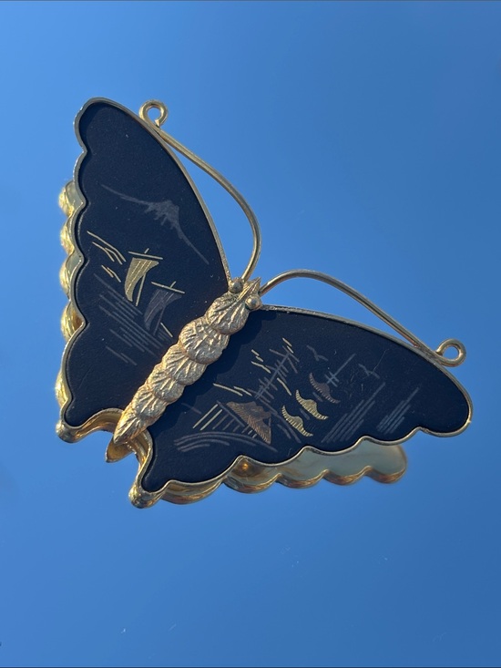 Vintage Jewelry - Vintage Japanese Damascene Butterfly Brooch Black & Gold-Tone